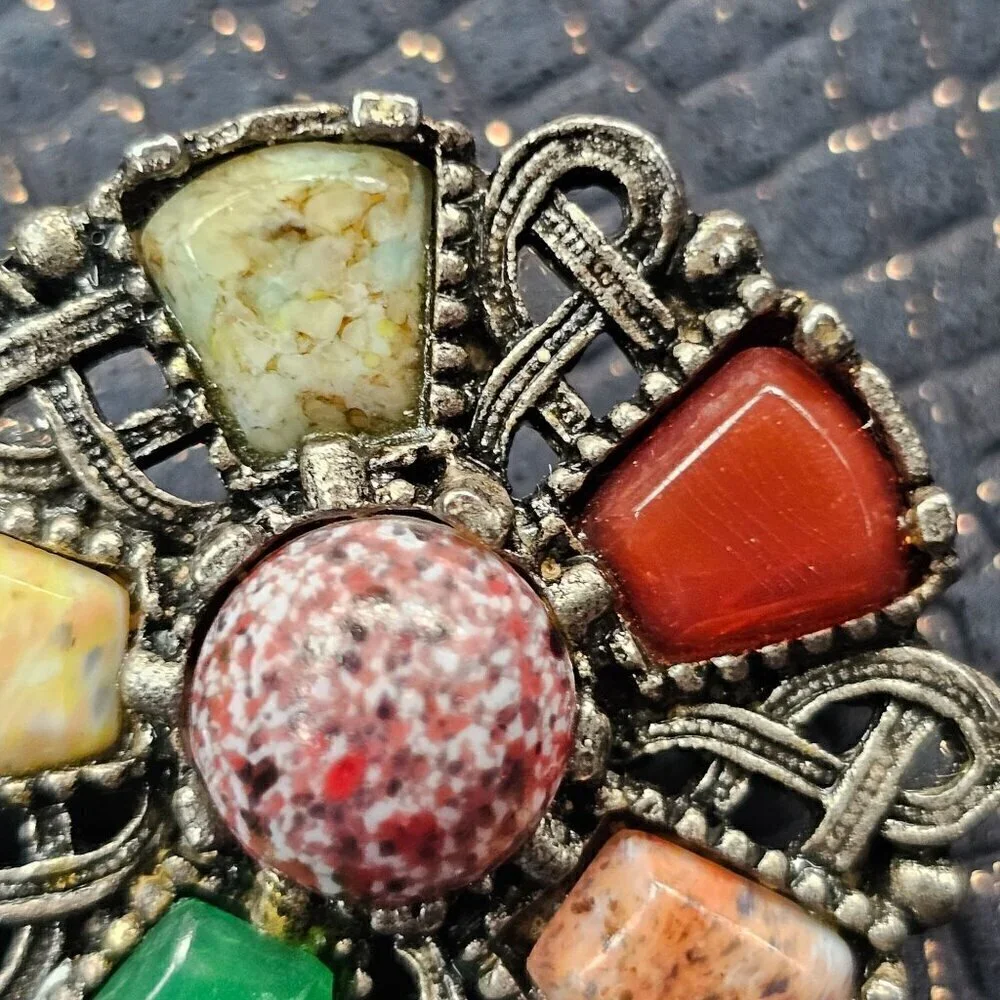 Vintage Multicolor Gemstone Brooch Pin Metalwork Circular Design Jewelry - Picture 3 of 7